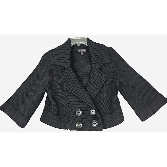 Bebe ~Woman Size S~ Black Wool Blend Crop, Double Brested Sweater 3/4 Sleeves. - Picture 1 of 11